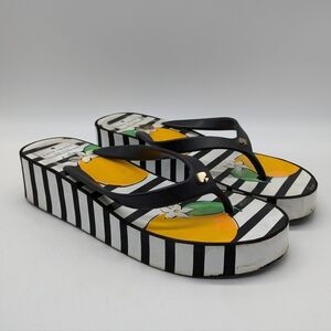 Kate Spade Black White Striped Lemon Thong Wedge Flip Flop 9